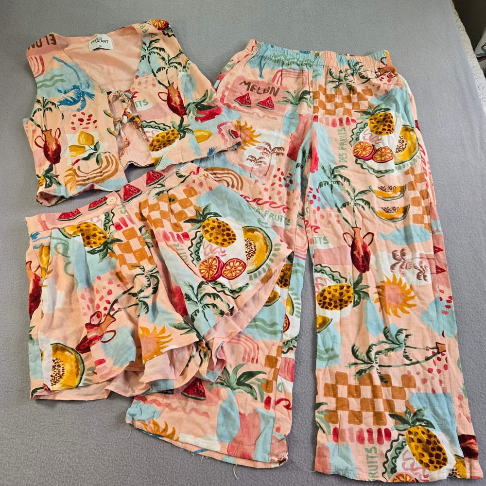 Paper Heart 3 Piece Set Women M Pink Tropical Fruit Linen Vest Shorts Pants